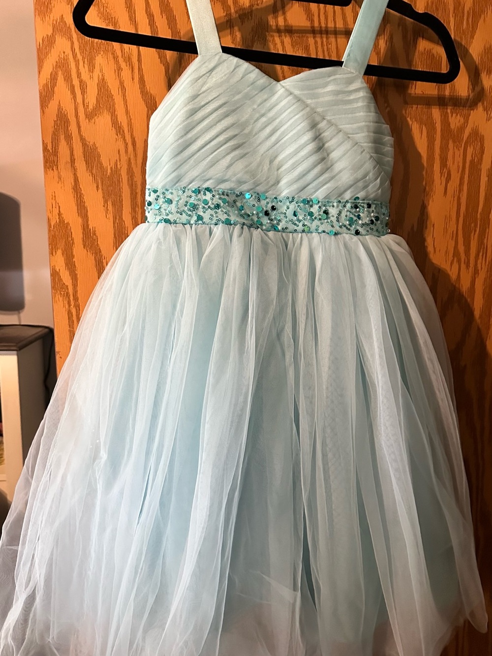 Girls Light Blue Tulle Party Dress with Beaded Waist. Size 6
